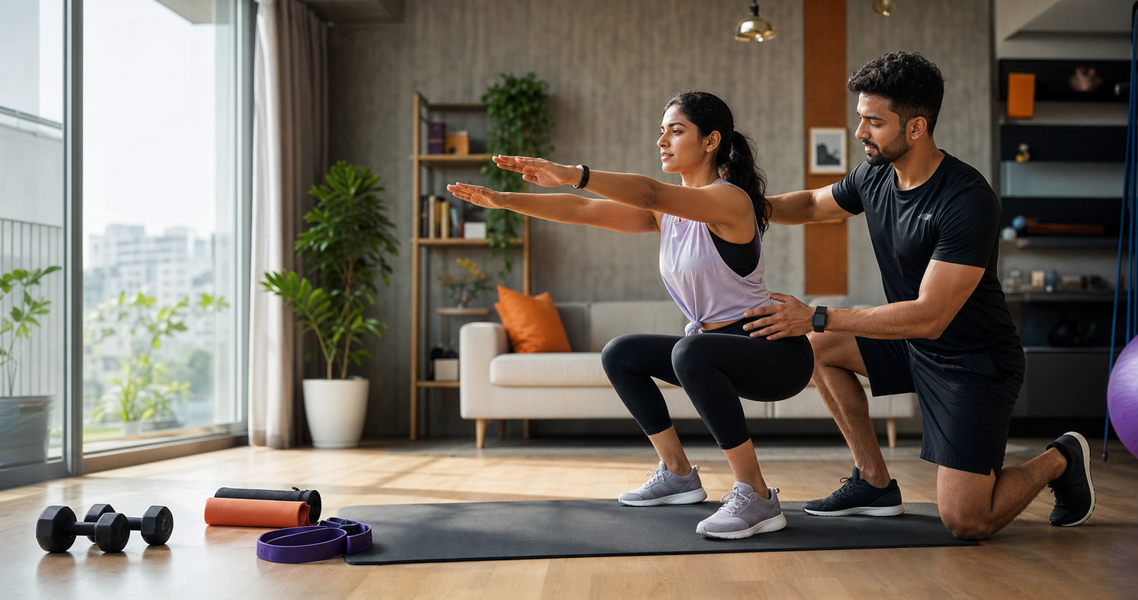 Certified fitness coach guiding a client in a modern home studio